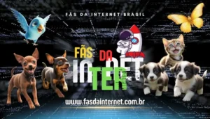 Banner do site Fãs da Internet Brasil com mascotes digitais, pets e tema de tecnologia e internet