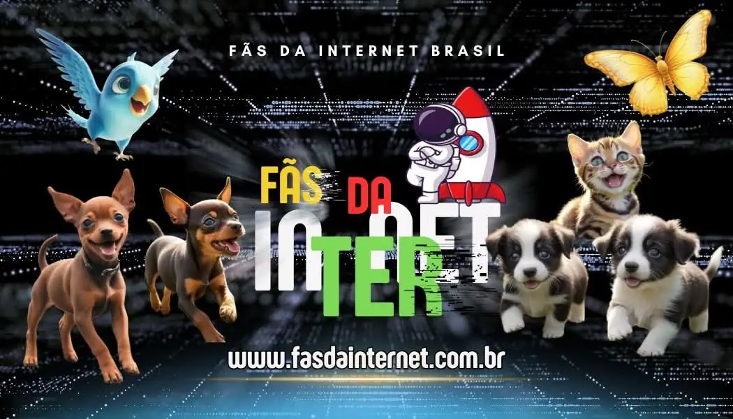 Banner do site Fãs da Internet Brasil com mascotes digitais, pets e tema de tecnologia e internet